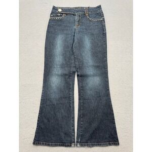 Y2K Bootcut Jeans Women's 14 Blue Dark Wash Denim Relaxed Fit Embellished Retro